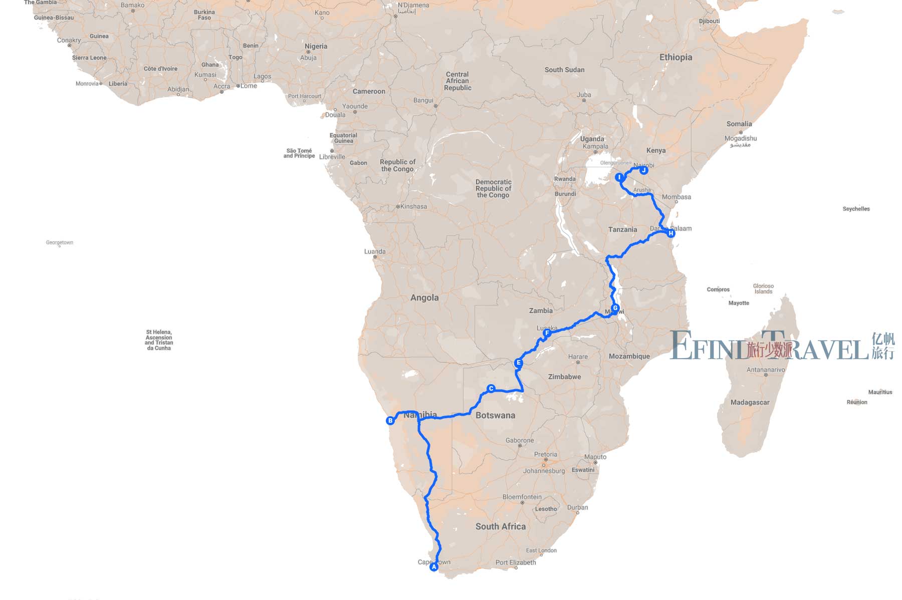 穿越非洲旅游43天地图